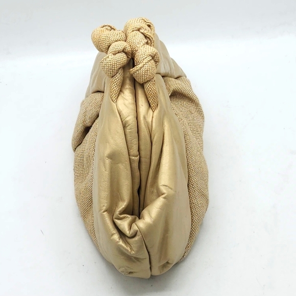 PARIS Vintage 80s Genuine Leather Gold Linen Metallic Woven Details Clutch. - Picture 4 of 15